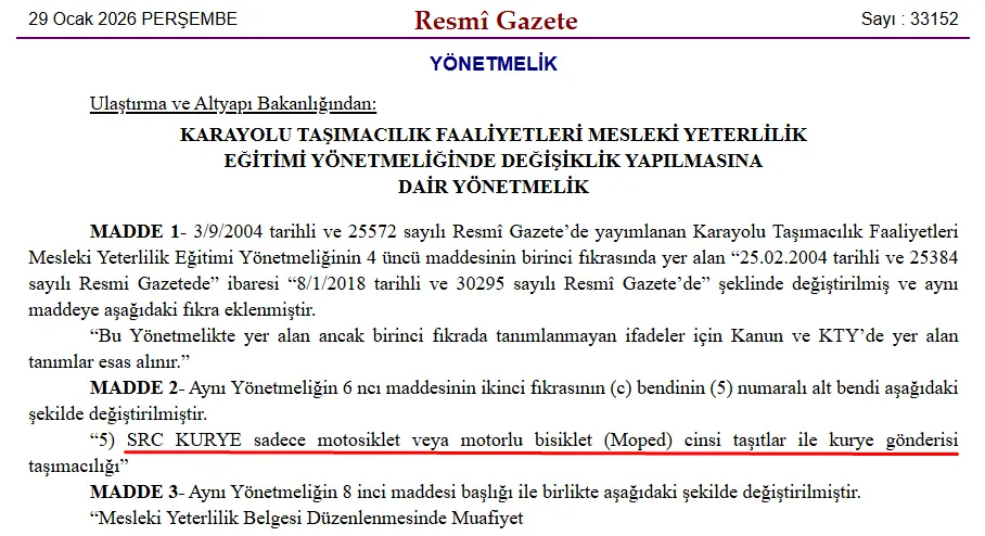 SRC Kurye Yönetmelik 29 Ocak 2026