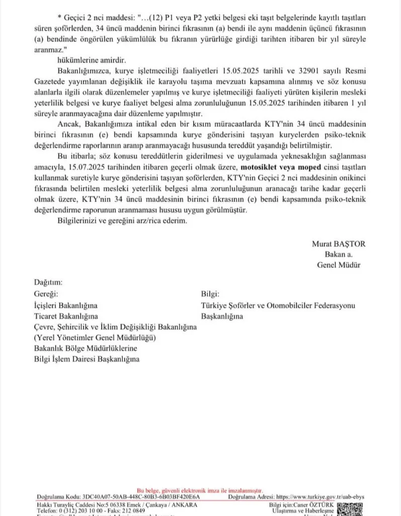 Moto Kurye SRC Psikoteknik Resmi Yazı